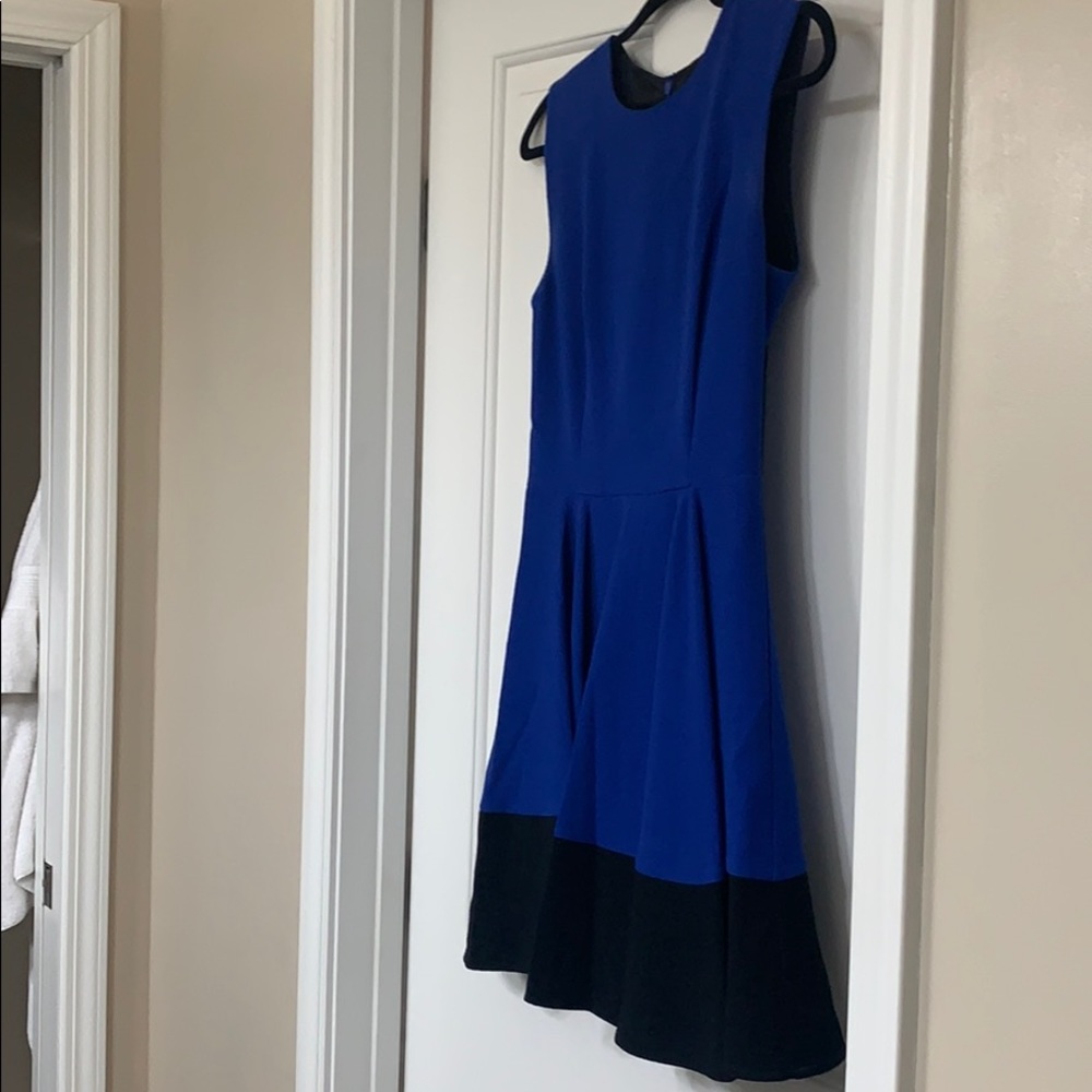 Bright blue and black shift dress